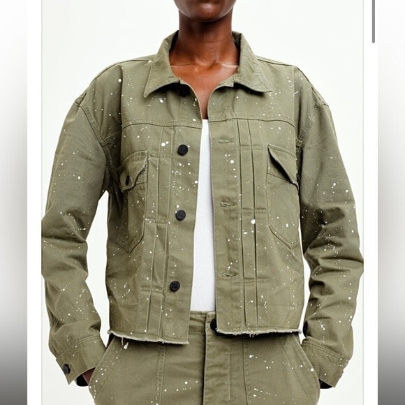 NWT Oak & Acorn Painter Cropped Jacket Sage Green Cotton Splatter L - Picture 3 of 13